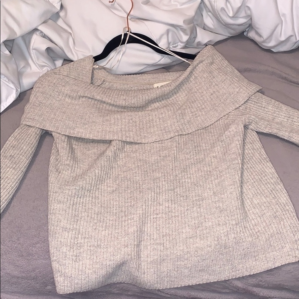 off the shoulder tan sweater